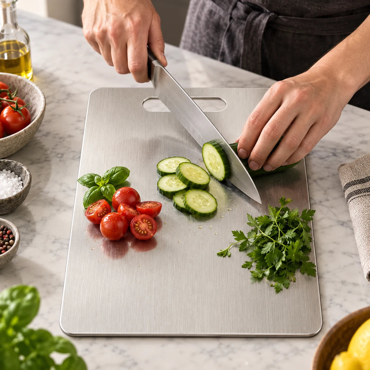Gemüse wird auf dem Ferrum Culina Schneidebrett geschnitten